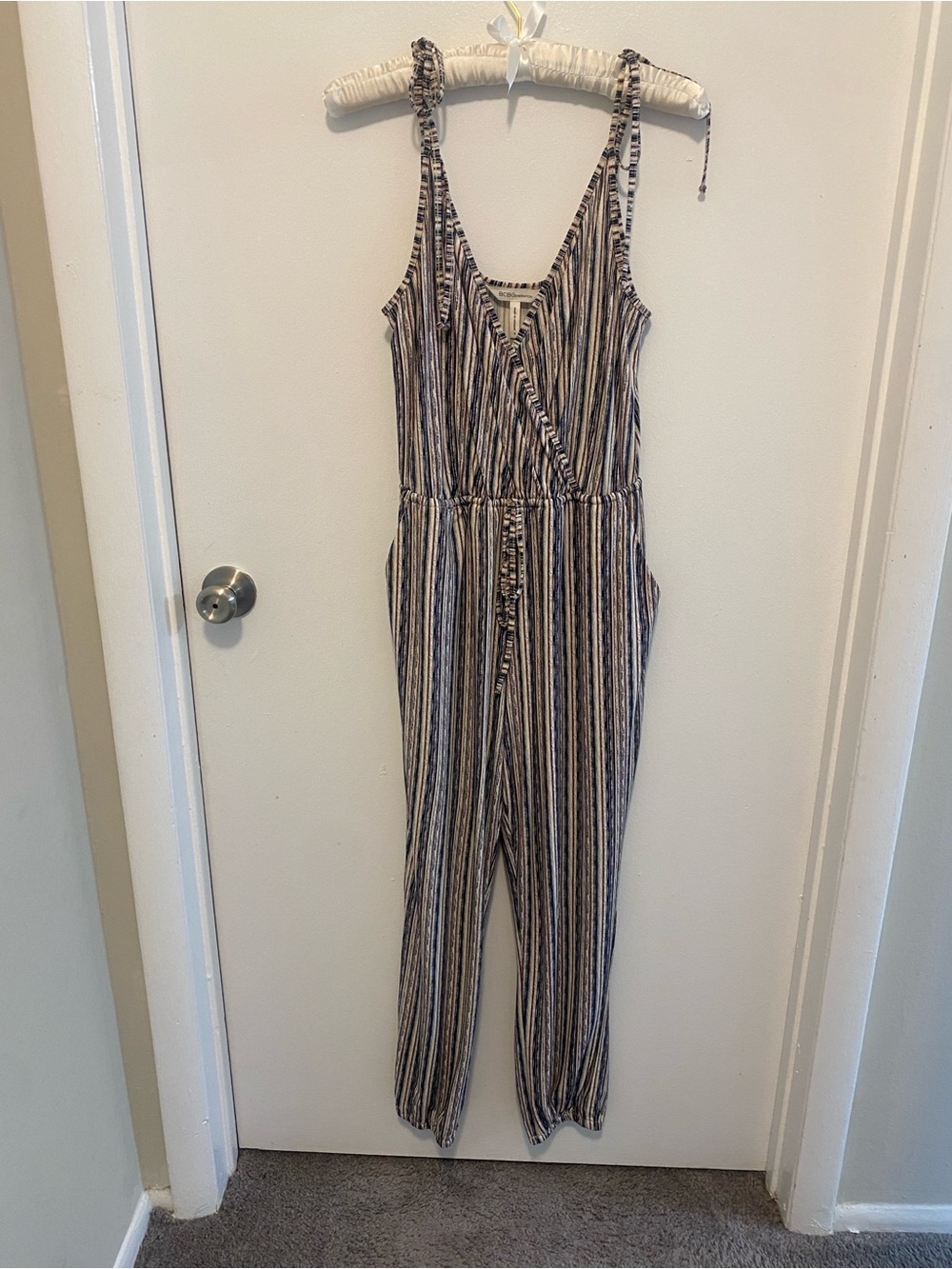 BCBGeneration Striped V-Neck Jumpsuit in Navy, Pink & Cream